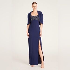 Theia Navy Beaded Formal Dress with Caped Sleeves Size 4